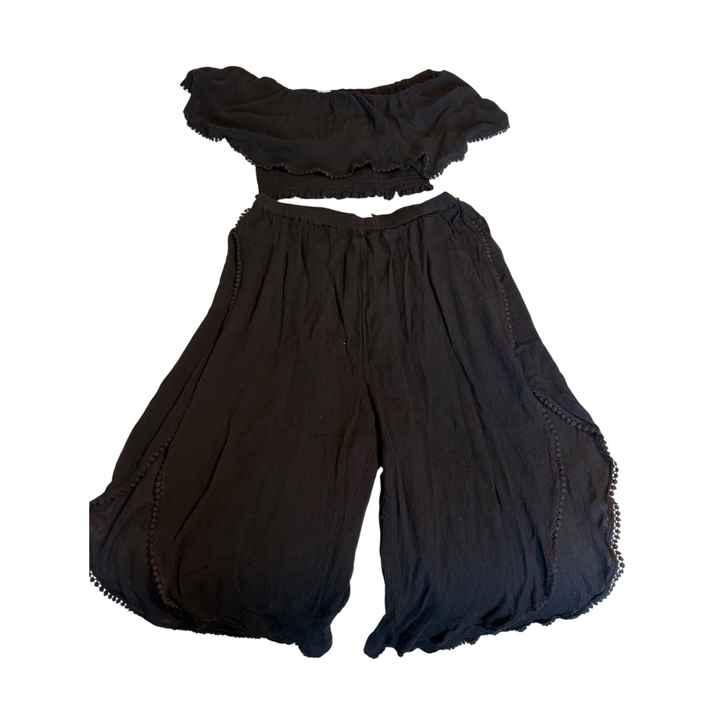 Goa Beachwear By Japna 2 Piece Set Womens L Black New Off Shoulder Crop Palazzo